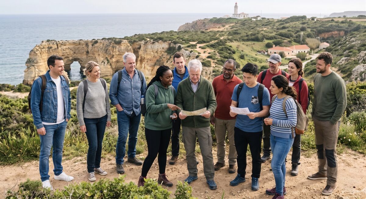 Team retreat group reviewing a map on an Algarve clifftop with a lighthouse and natural sea arch in the background